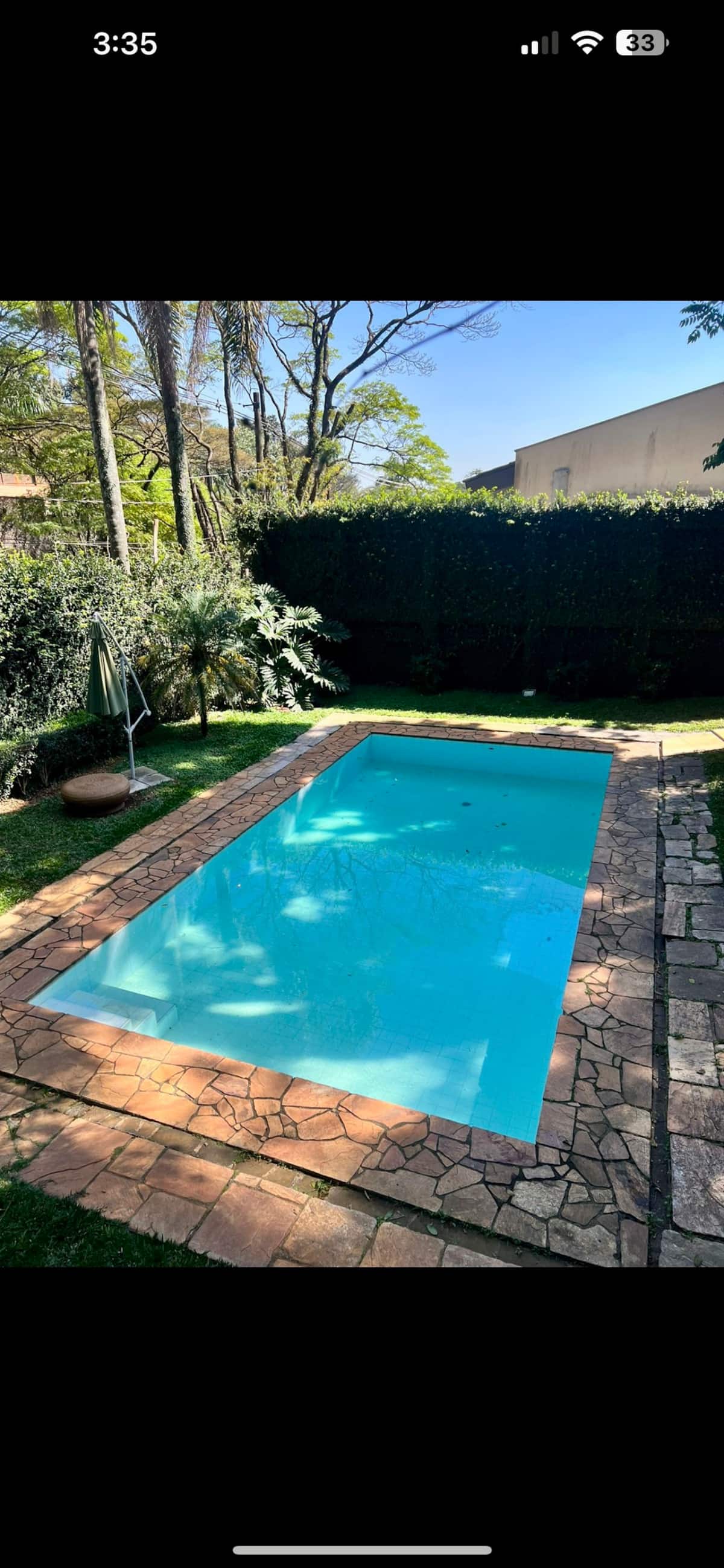 Piscina alongada cercada por jardim