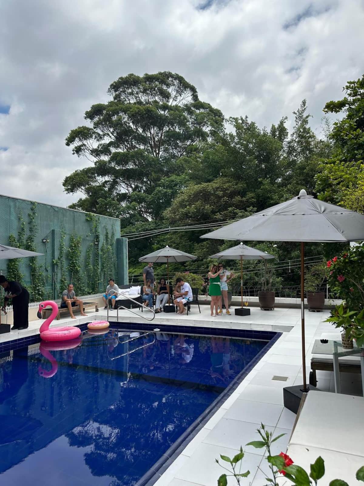 Piscina com guarda-sóis e vegetação ao fundo