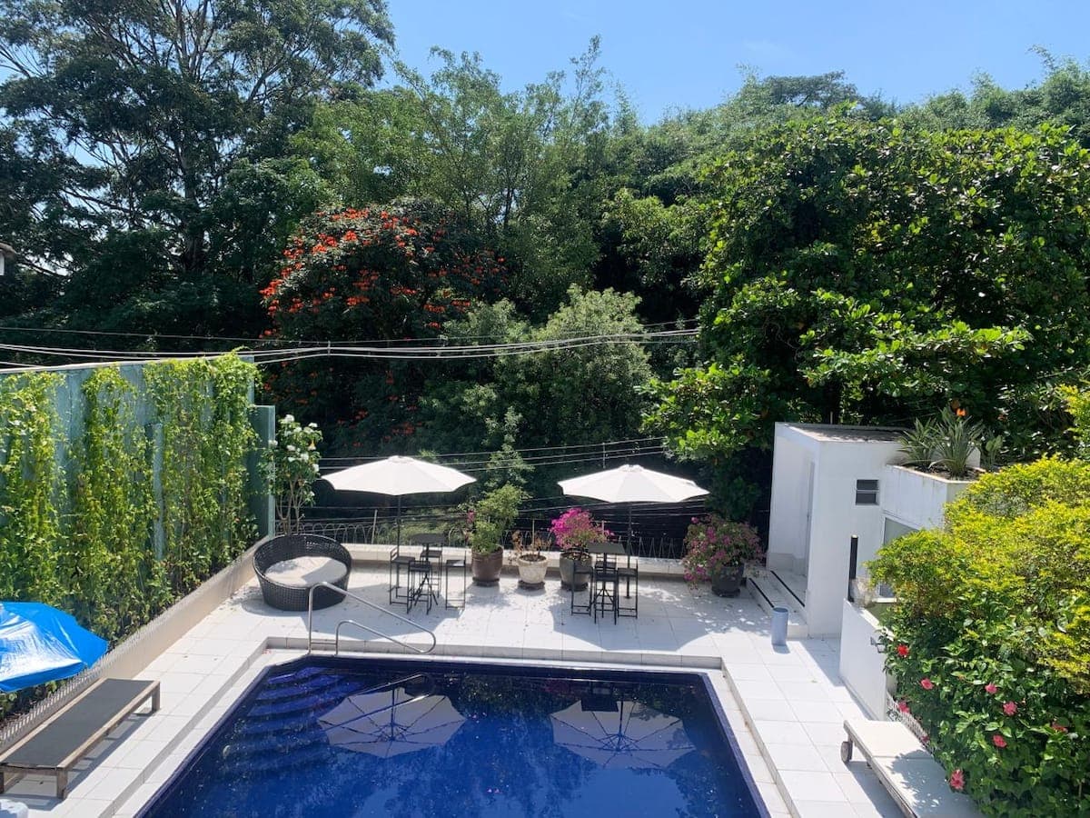 Piscina vista do deck, com árvores ao redor