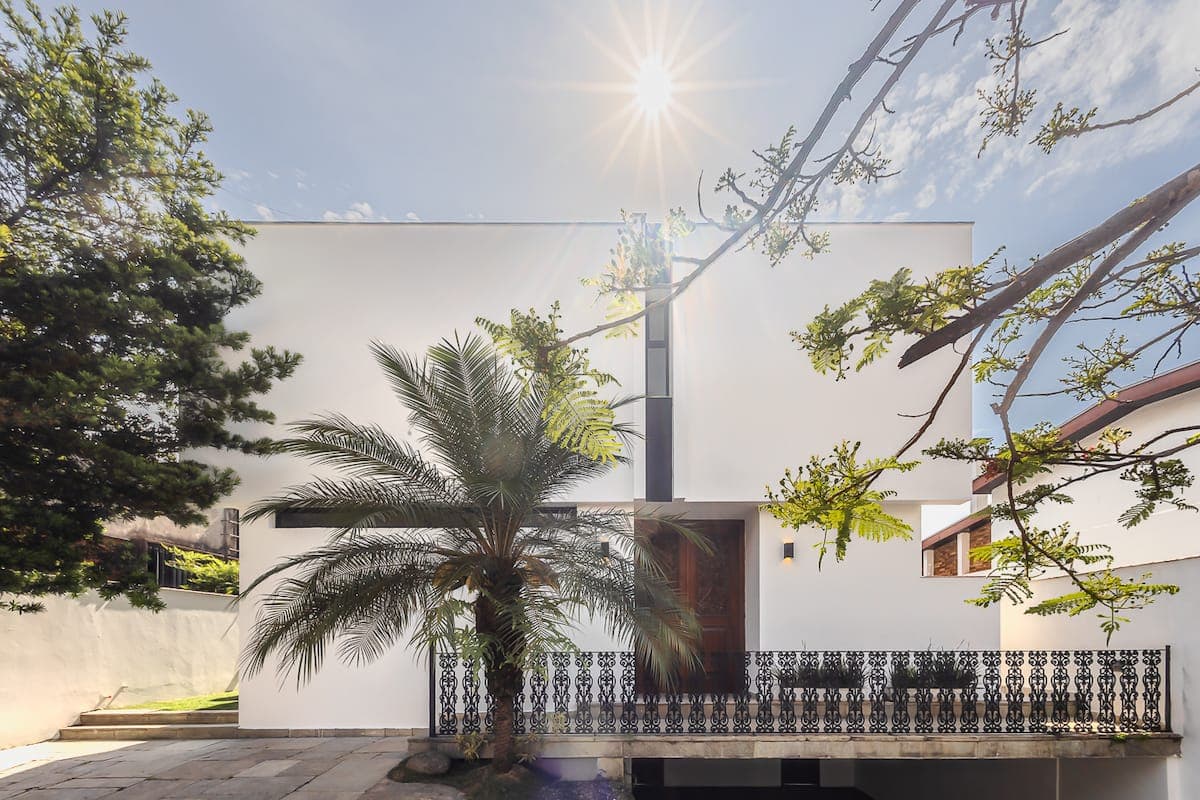 Fachada da casa com palmeira e jardim na frente