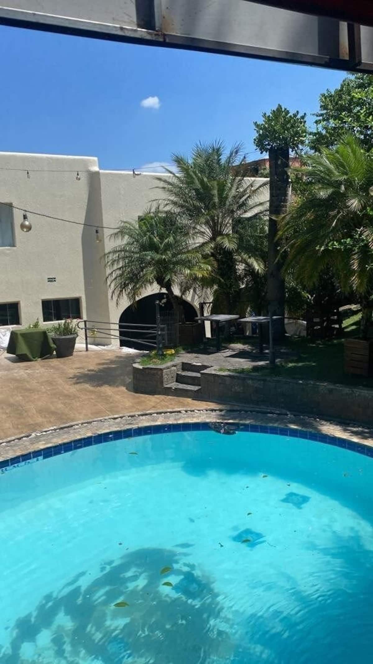 Piscina com deck e palmeiras